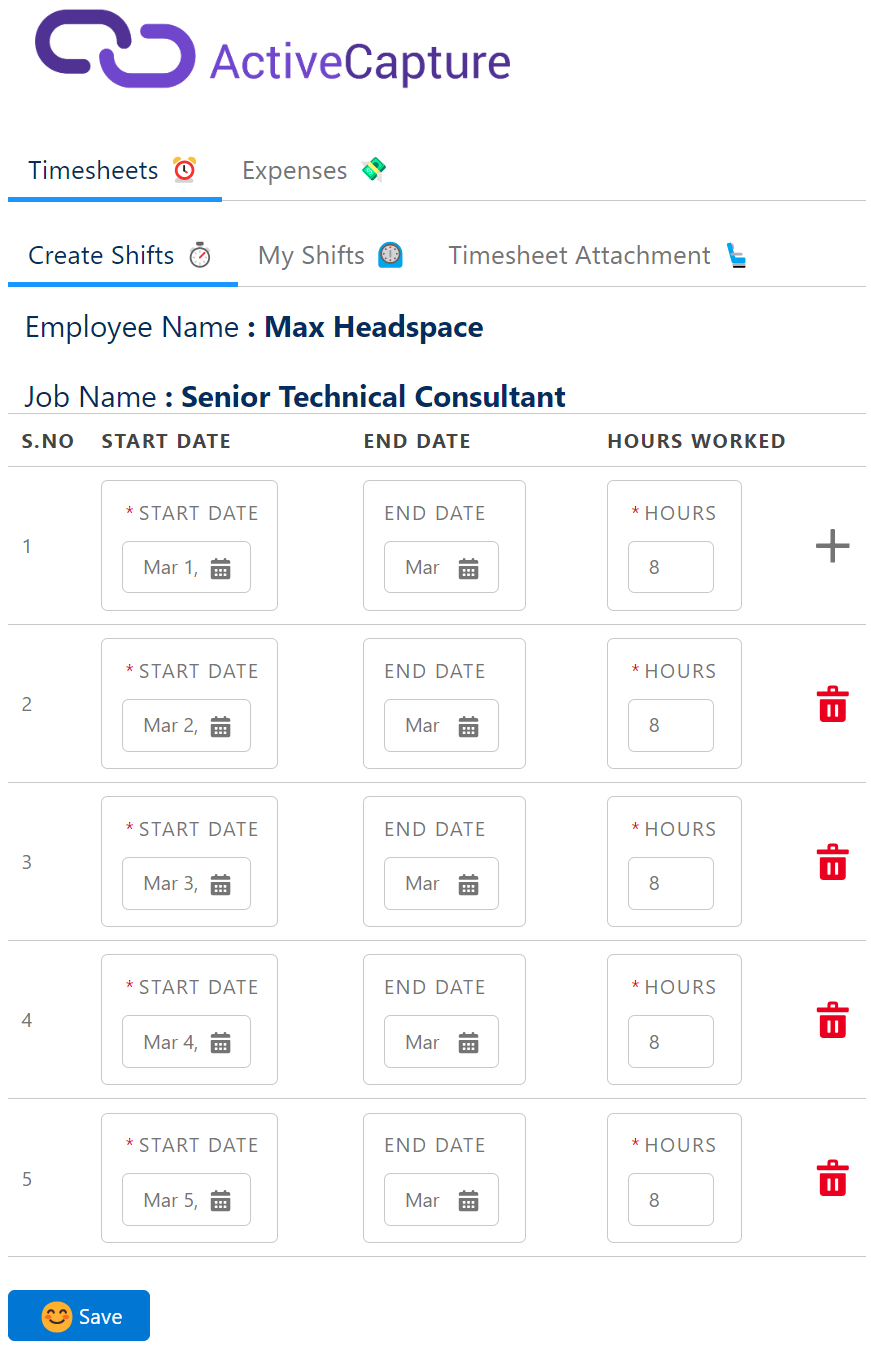 ActiveCapture Timesheet and Shift Tracking View for Employees